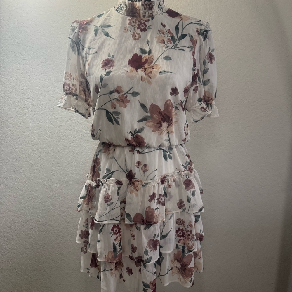 Crystal Doll Short Puff Sleeve Dress Size M Floral Ruffled Lined